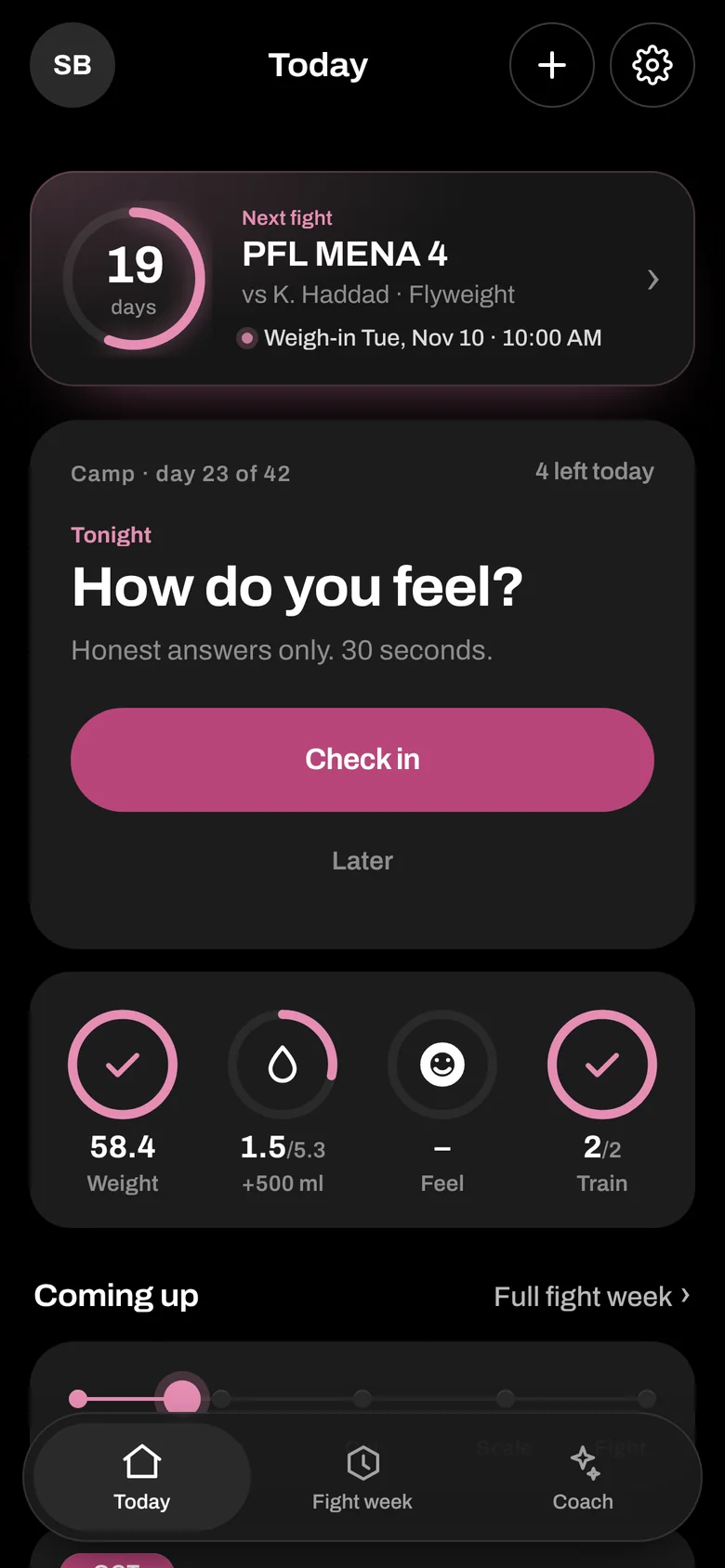 Her Today: the same ring countdown and log circles, in her colours